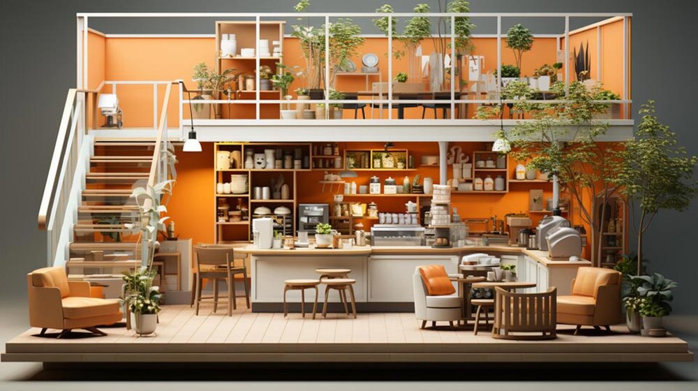 Bản vẽ 3D của quán cafe 2 tầng theo phong cách hiện đại